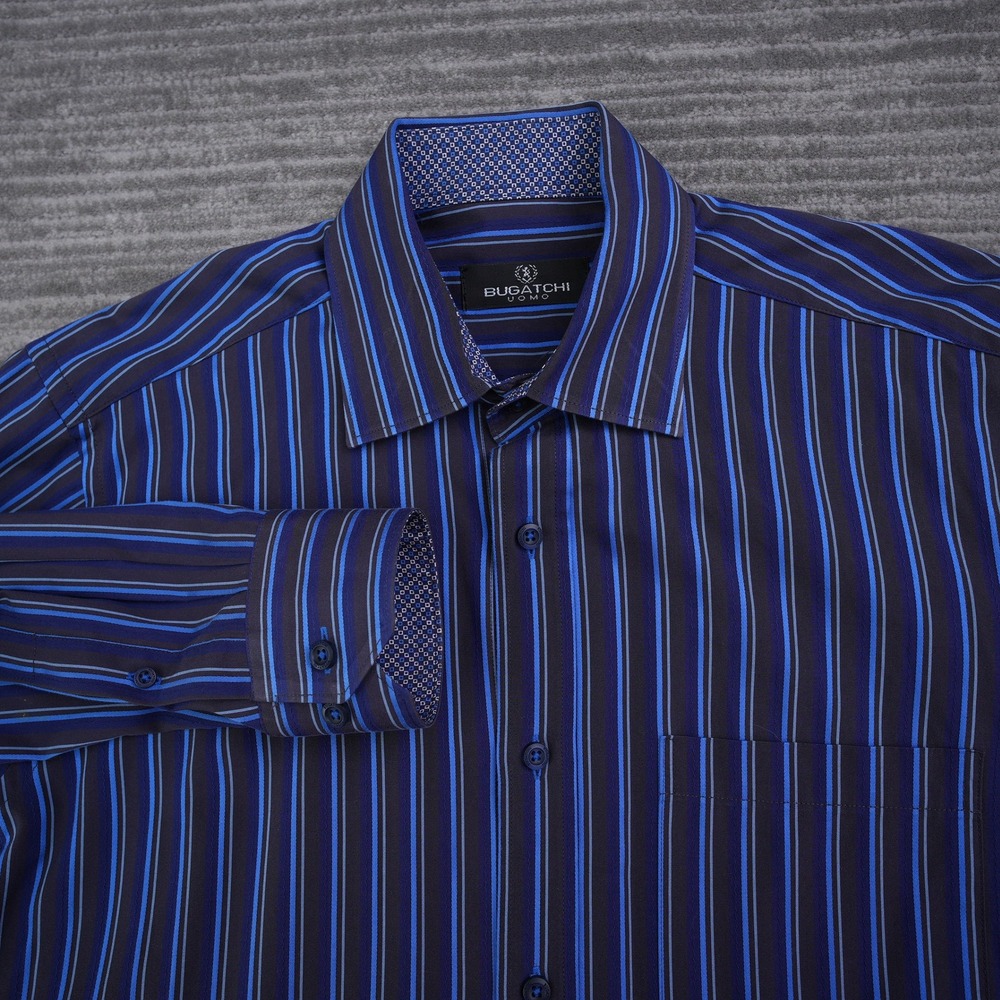 Bugatchi Uomo Mens Blue‎ Striped Long Sleeve Button Down Shirt Large Pocket L